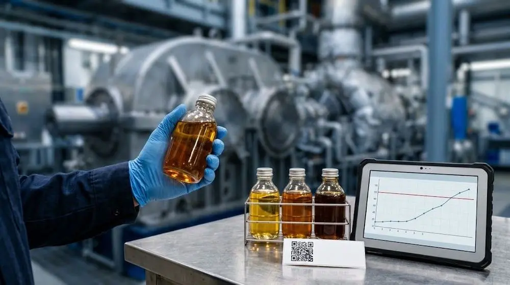 Technician holding an oil sample bottle next to a turbine, with oil samples and a trend chart