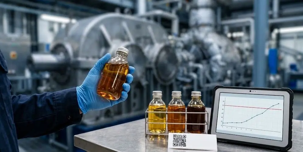 Technician holding an oil sample bottle next to a turbine, with oil samples and a trend chart
