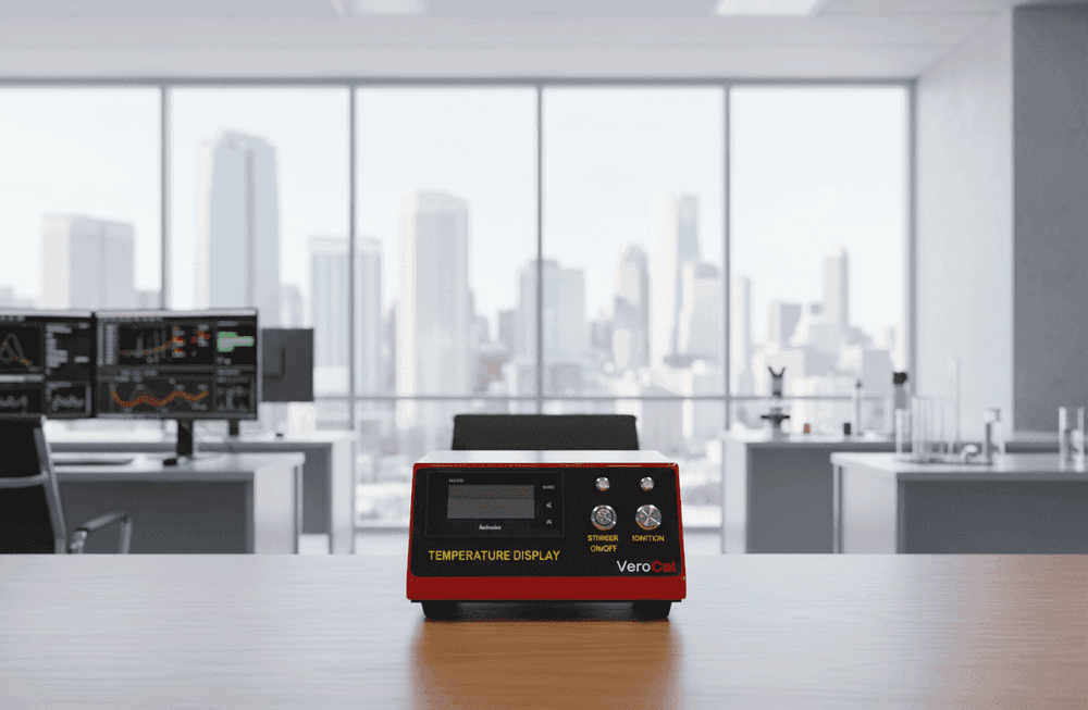 VeroCal oxygen bomb calorimeter control unit on lab desk